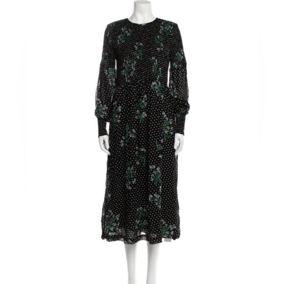 GANNI The Vikki Shirred‎ Printed Chiffon Midi Dress with Pockets - Black - Picture 3 of 12